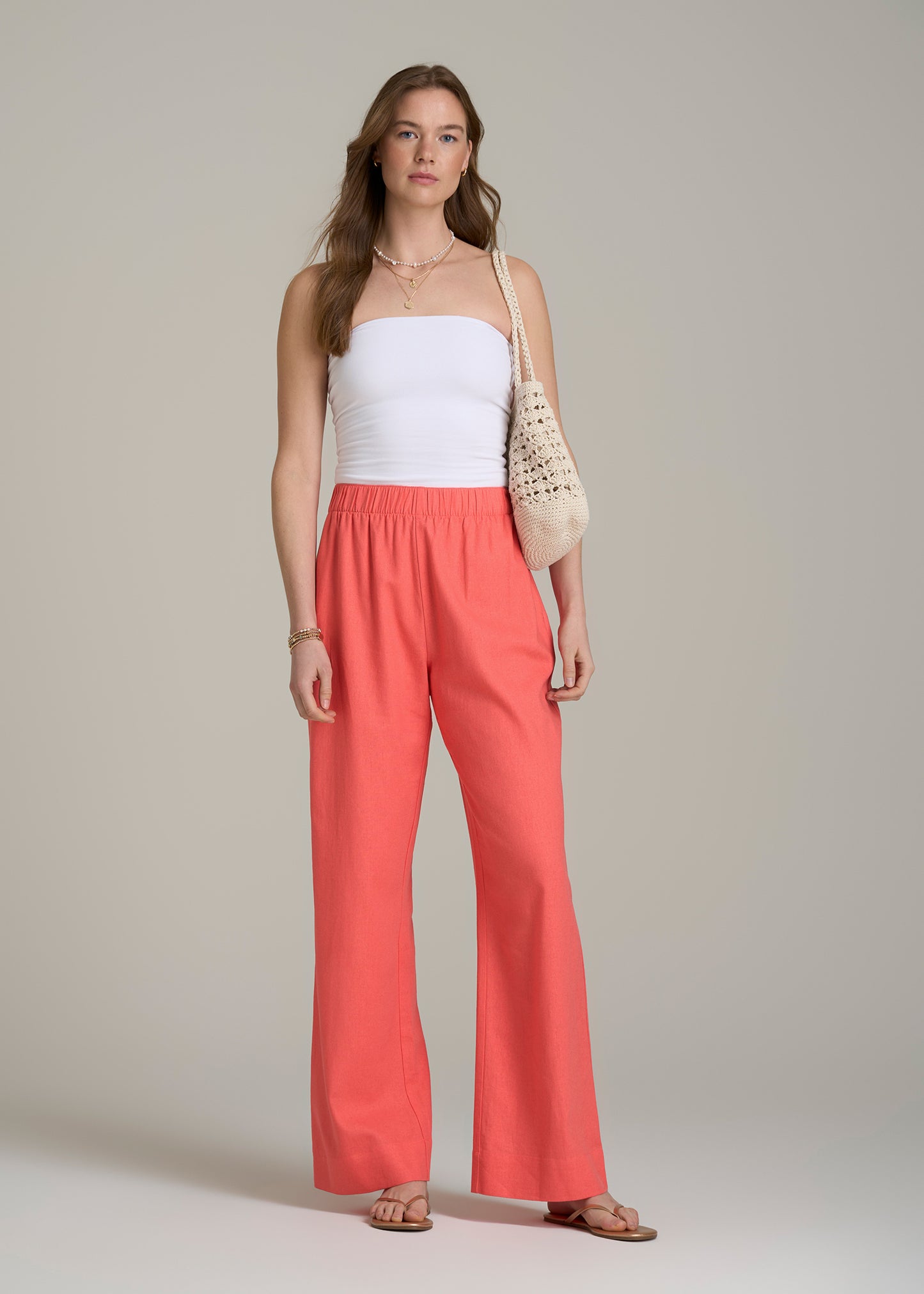 Pull On Wide Leg Linen Pants for Tall Women in Sunset Coral