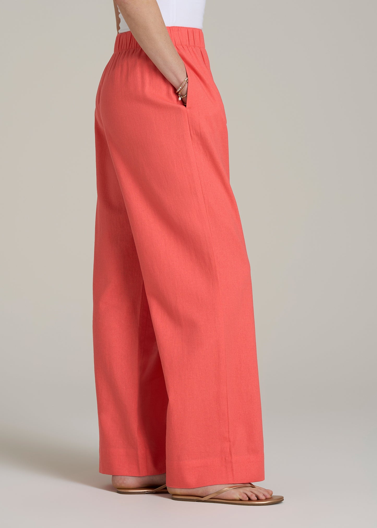 Pull On Wide Leg Linen Pants for Tall Women in Sunset Coral