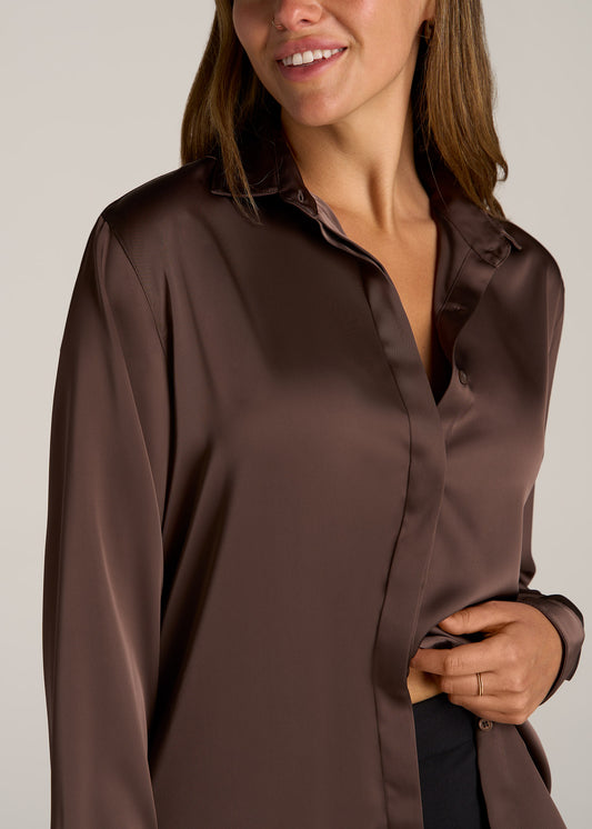 Relaxed Button Up Tall Women's Blouse in Chocolate Mocha