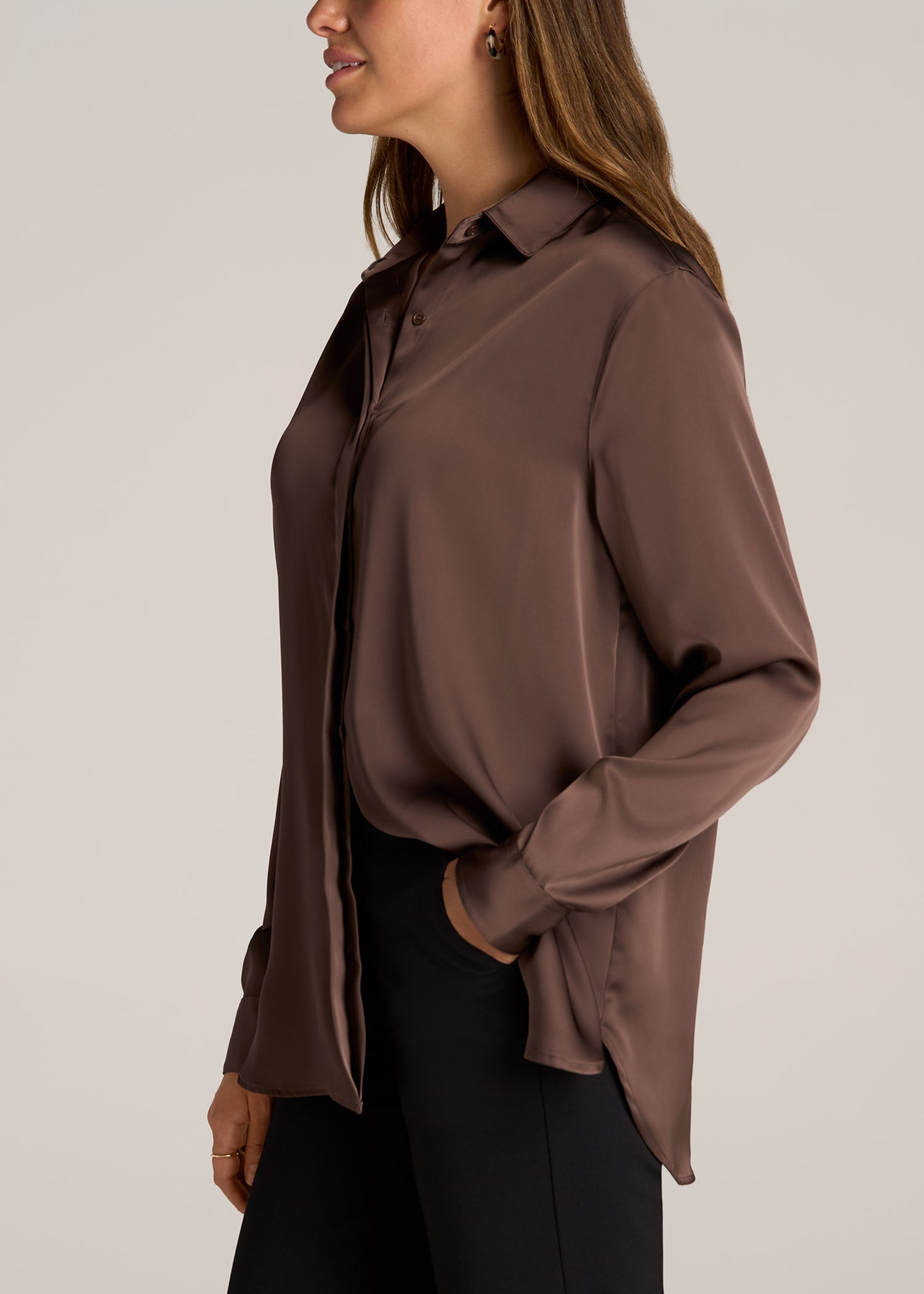 Relaxed Button Up Tall Women's Blouse in Chocolate Mocha