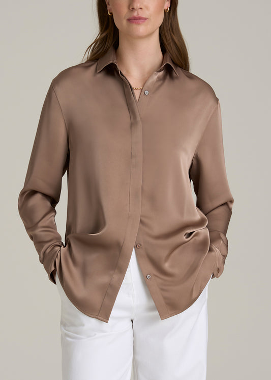 Relaxed Button Up Tall Women's Blouse in Latte