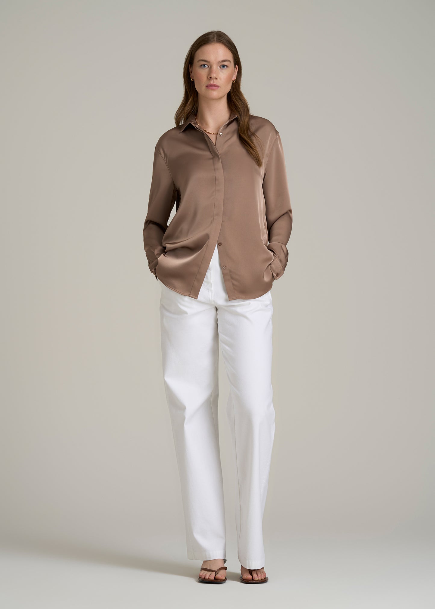 Relaxed Button Up Tall Women's Blouse in Latte