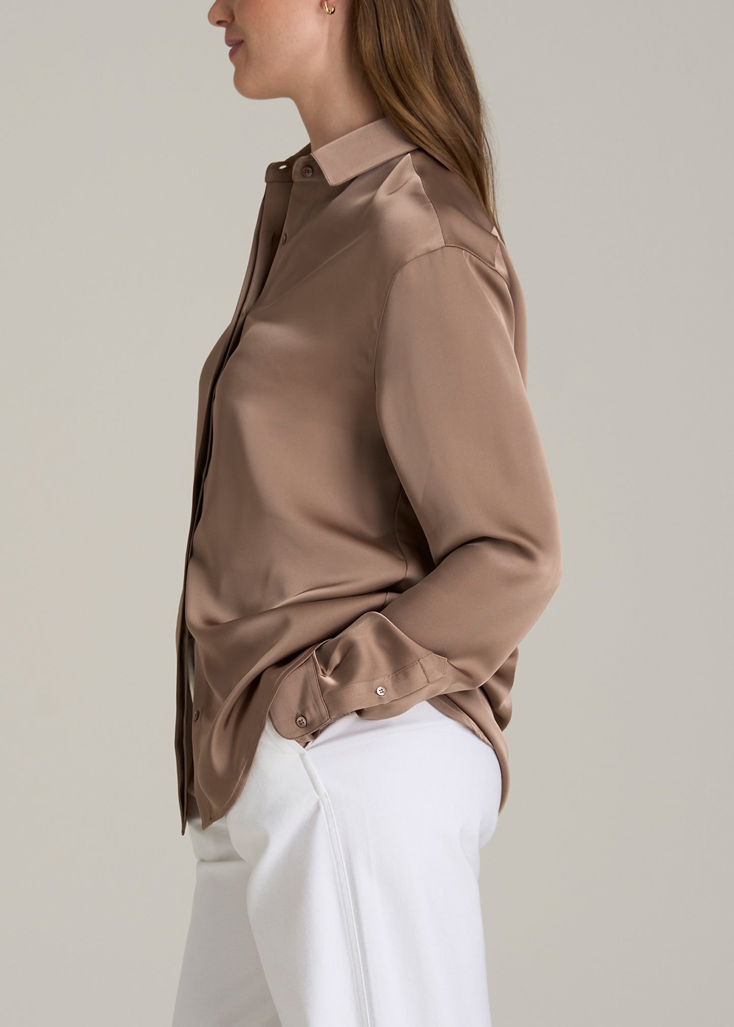 Relaxed Button Up Tall Women's Blouse in Latte