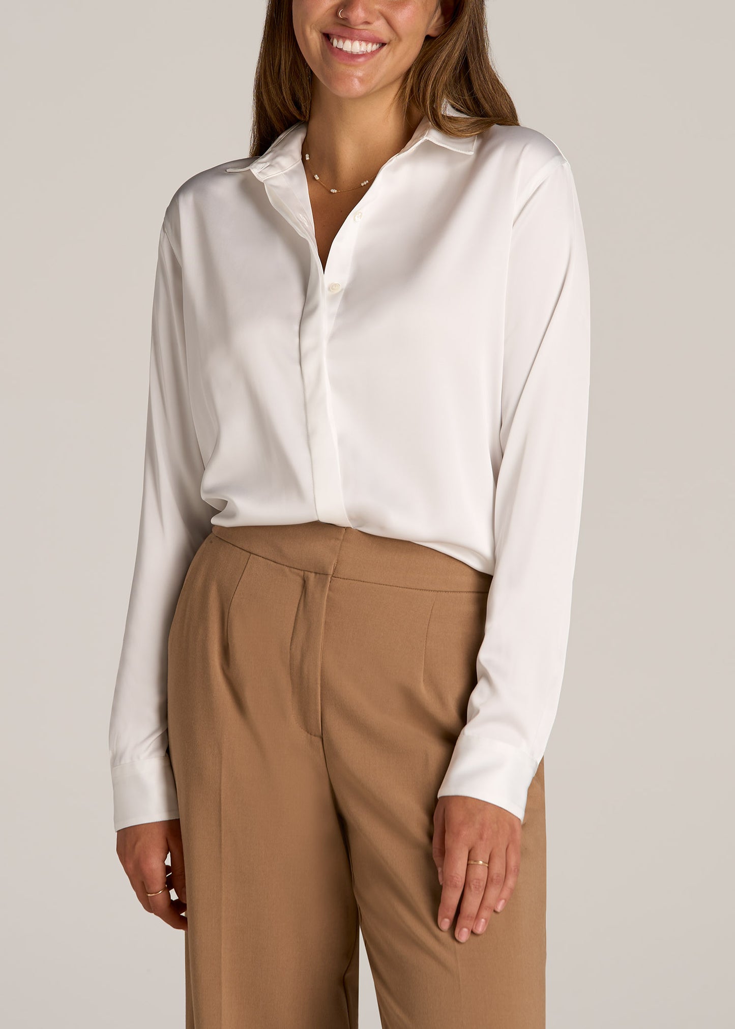 Relaxed Button Up Tall Women's Blouse in Pearl White