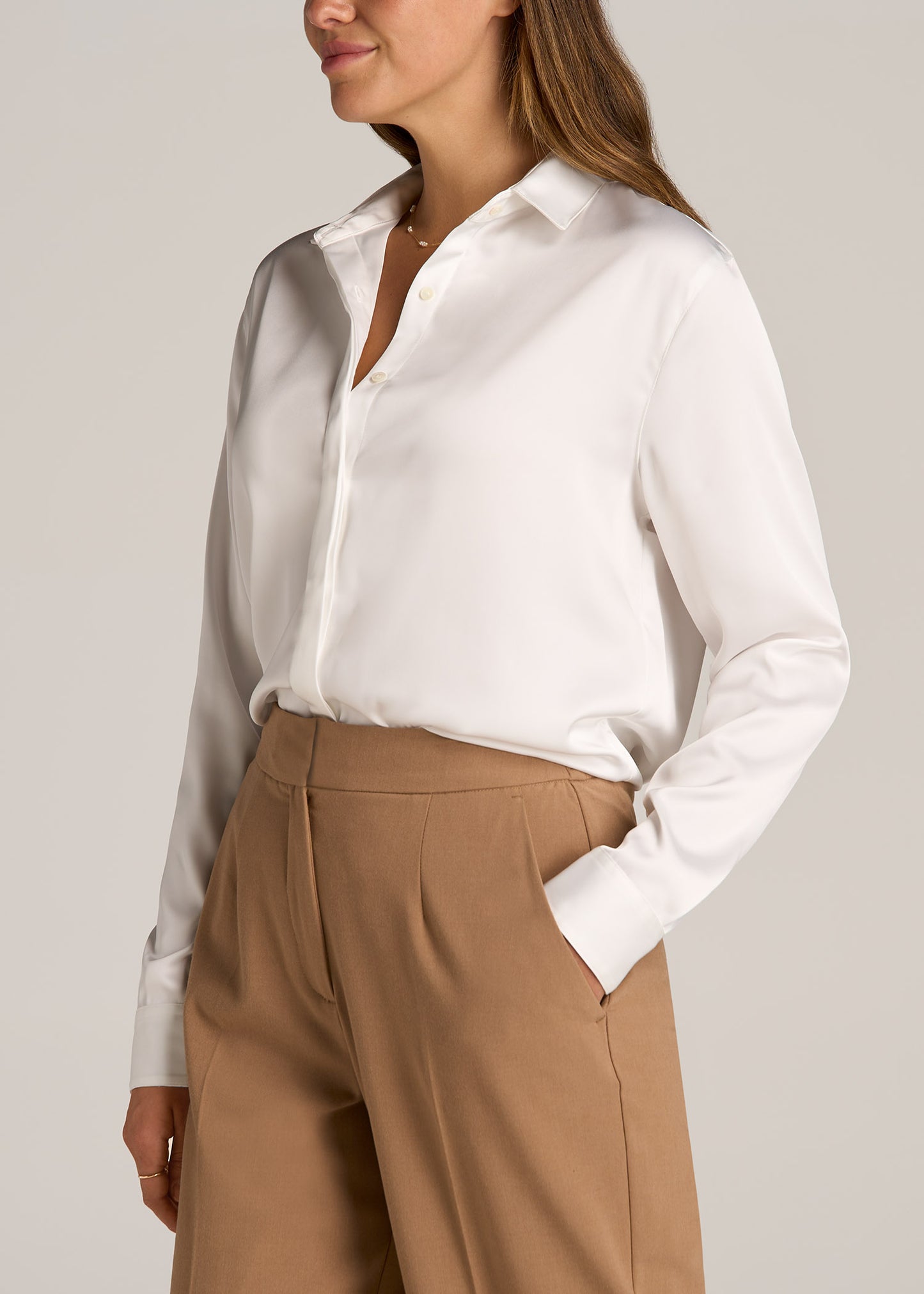 Relaxed Button Up Tall Women's Blouse in Pearl White