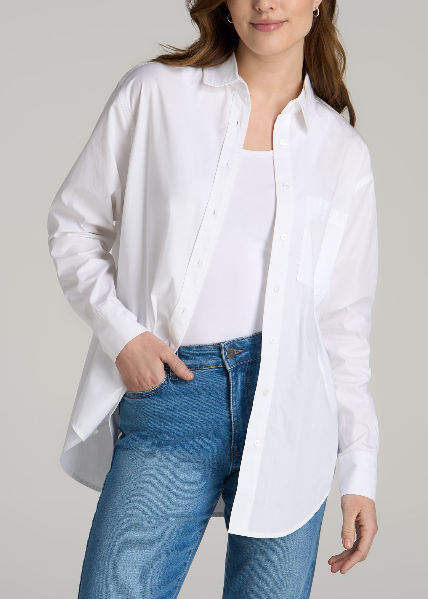 Relaxed Poplin Button Up Shirt for Tall Women in Bright White