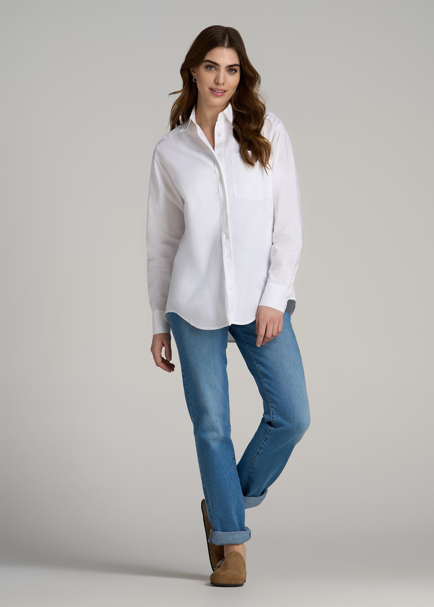 Relaxed Poplin Button Up Shirt for Tall Women in Bright White