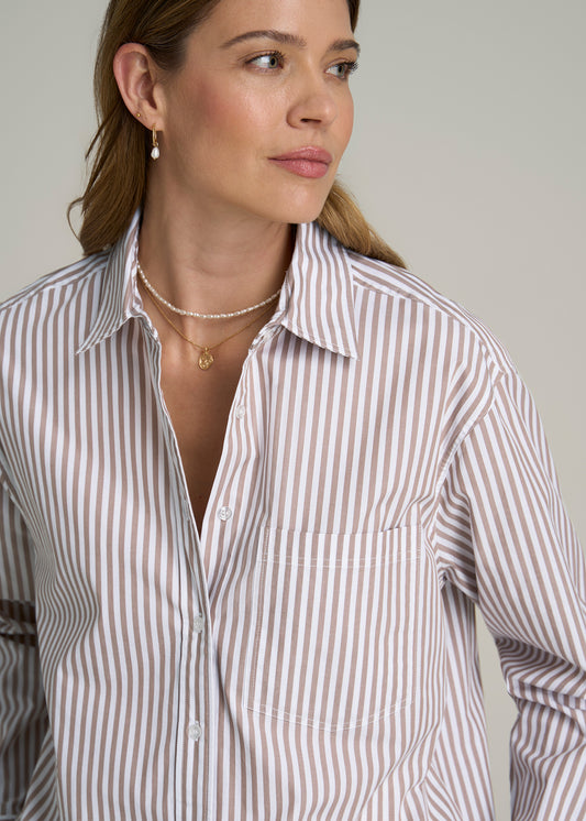 Relaxed Poplin Button-Up Shirt for Tall Women in Brown and White Stripe