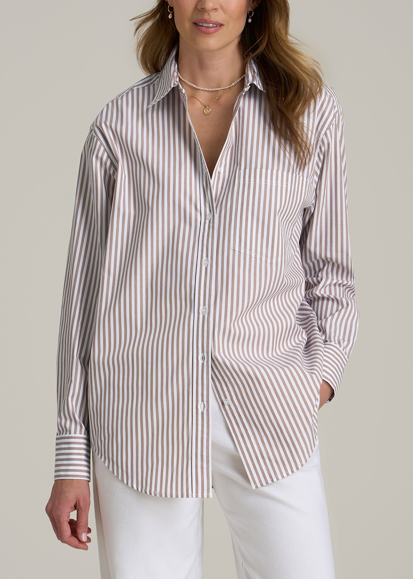 Relaxed Poplin Button-Up Shirt for Tall Women in Brown and White Stripe