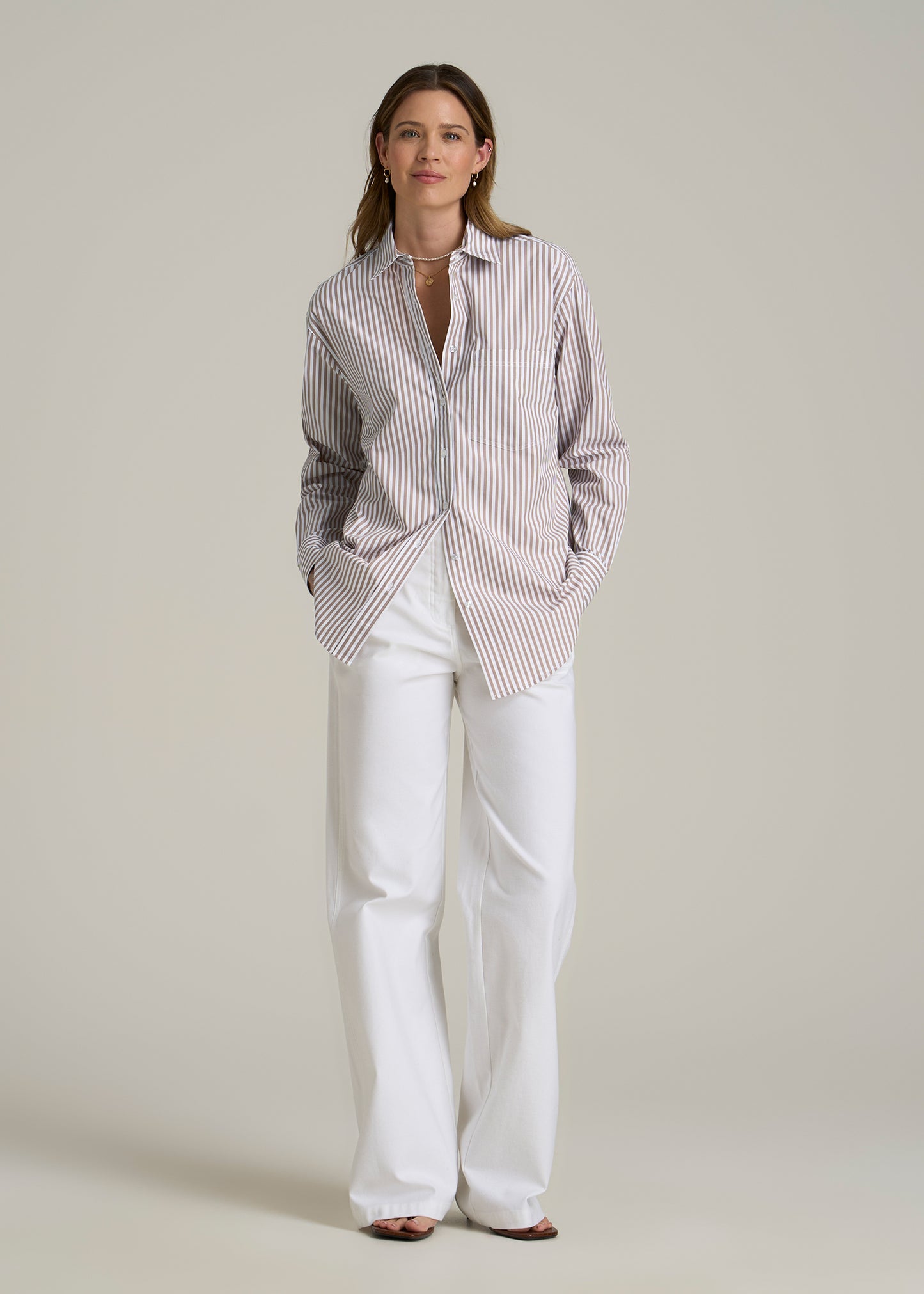 Relaxed Poplin Button-Up Shirt for Tall Women in Brown and White Stripe