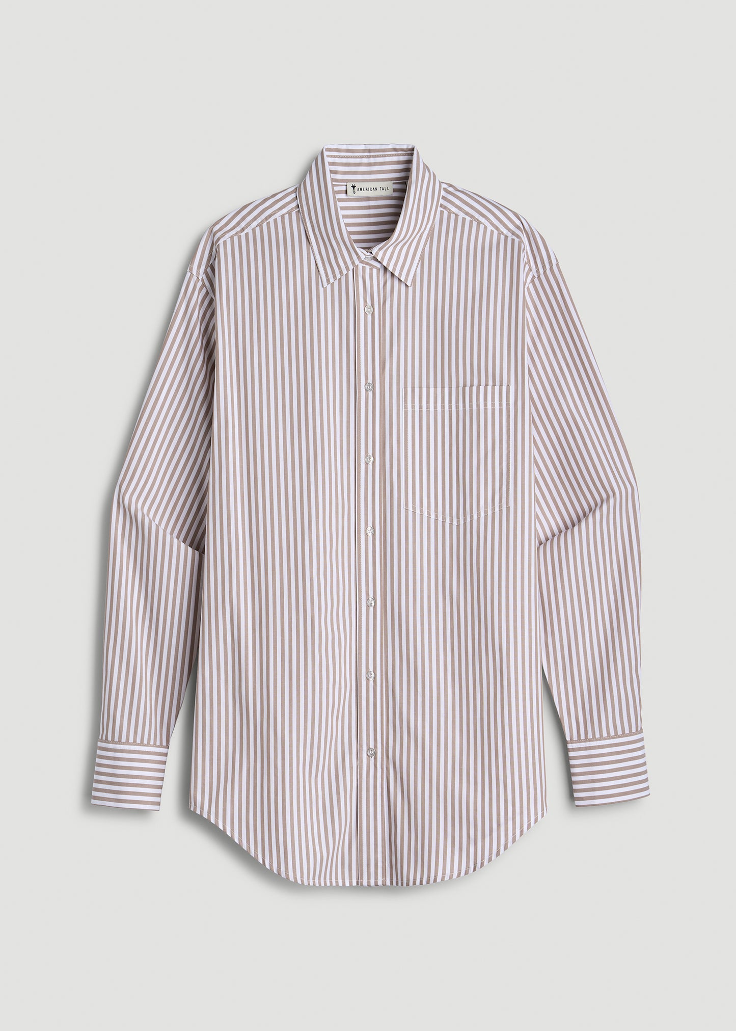 Relaxed Poplin Button-Up Shirt for Tall Women in Brown and White Stripe