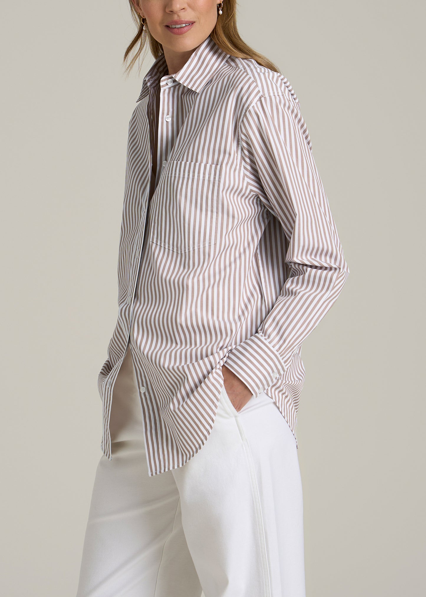 Relaxed Poplin Button-Up Shirt for Tall Women in Brown and White Stripe