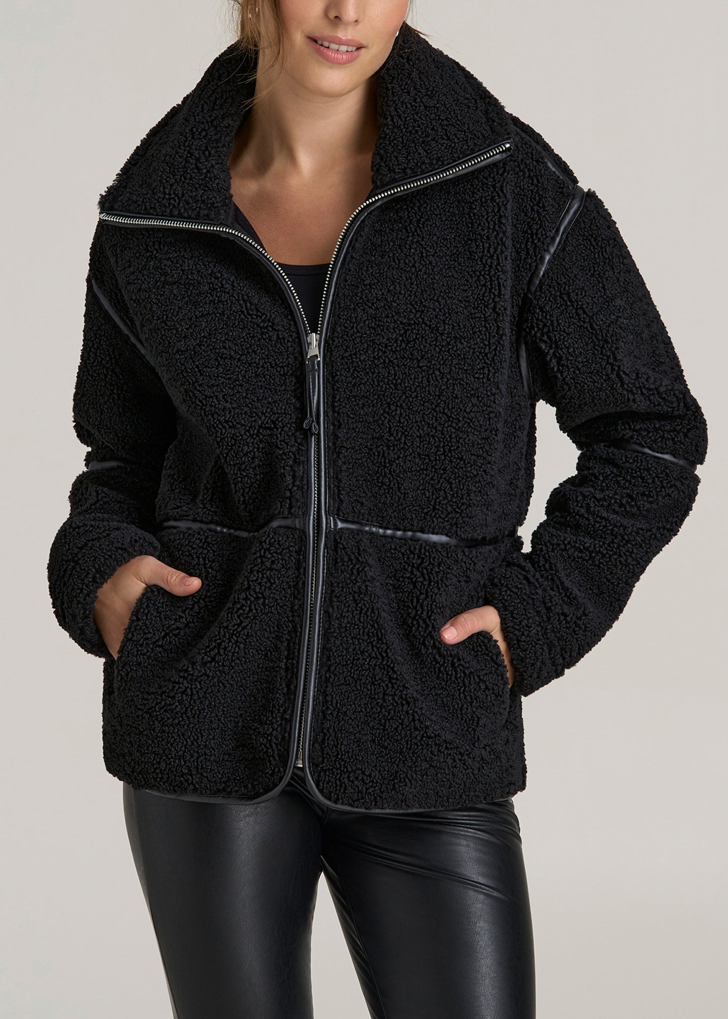 Relaxed Shearling Jacket for Tall Women in Black