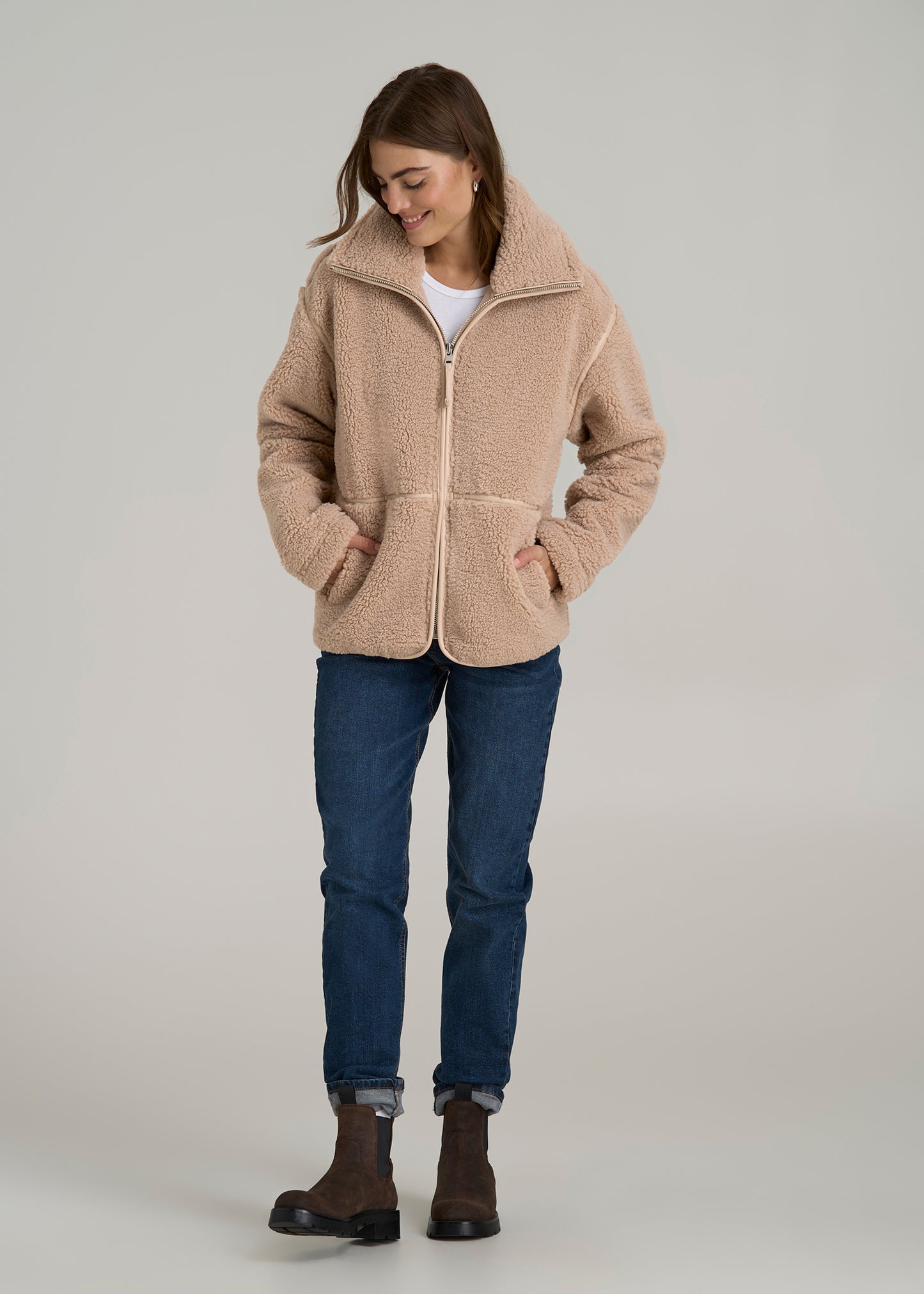 Relaxed Shearling Jacket for Tall Women in Warm Taupe