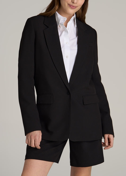 Boyfriend-Fit Single Button Blazer for Tall Women in Black