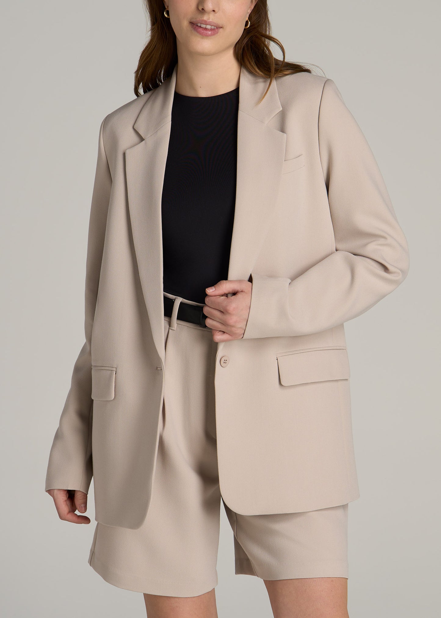 Boyfriend-Fit Single Button Blazer for Tall Women in Light Taupe