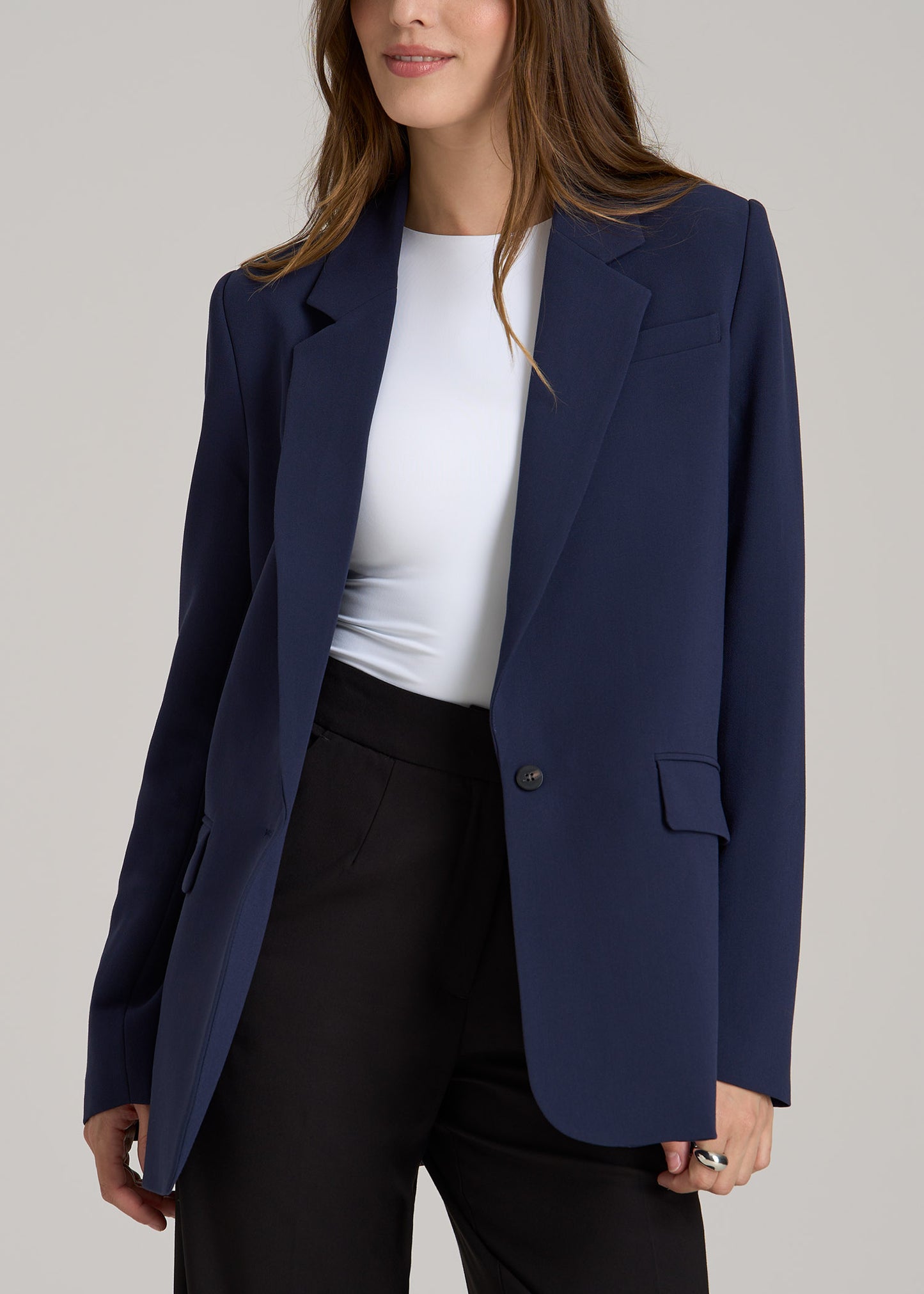 Boyfriend-Fit Single Button Blazer for Tall Women in Navy