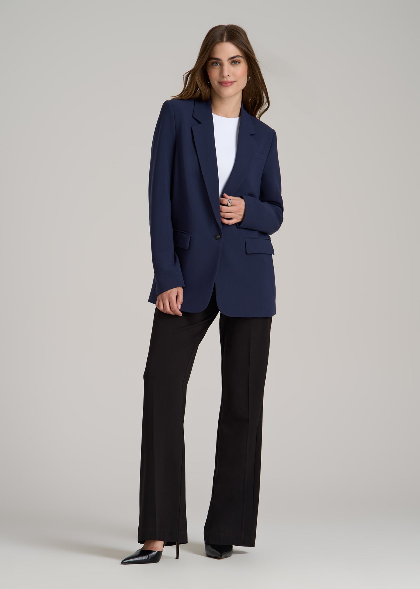 Boyfriend-Fit Single Button Blazer for Tall Women in Navy