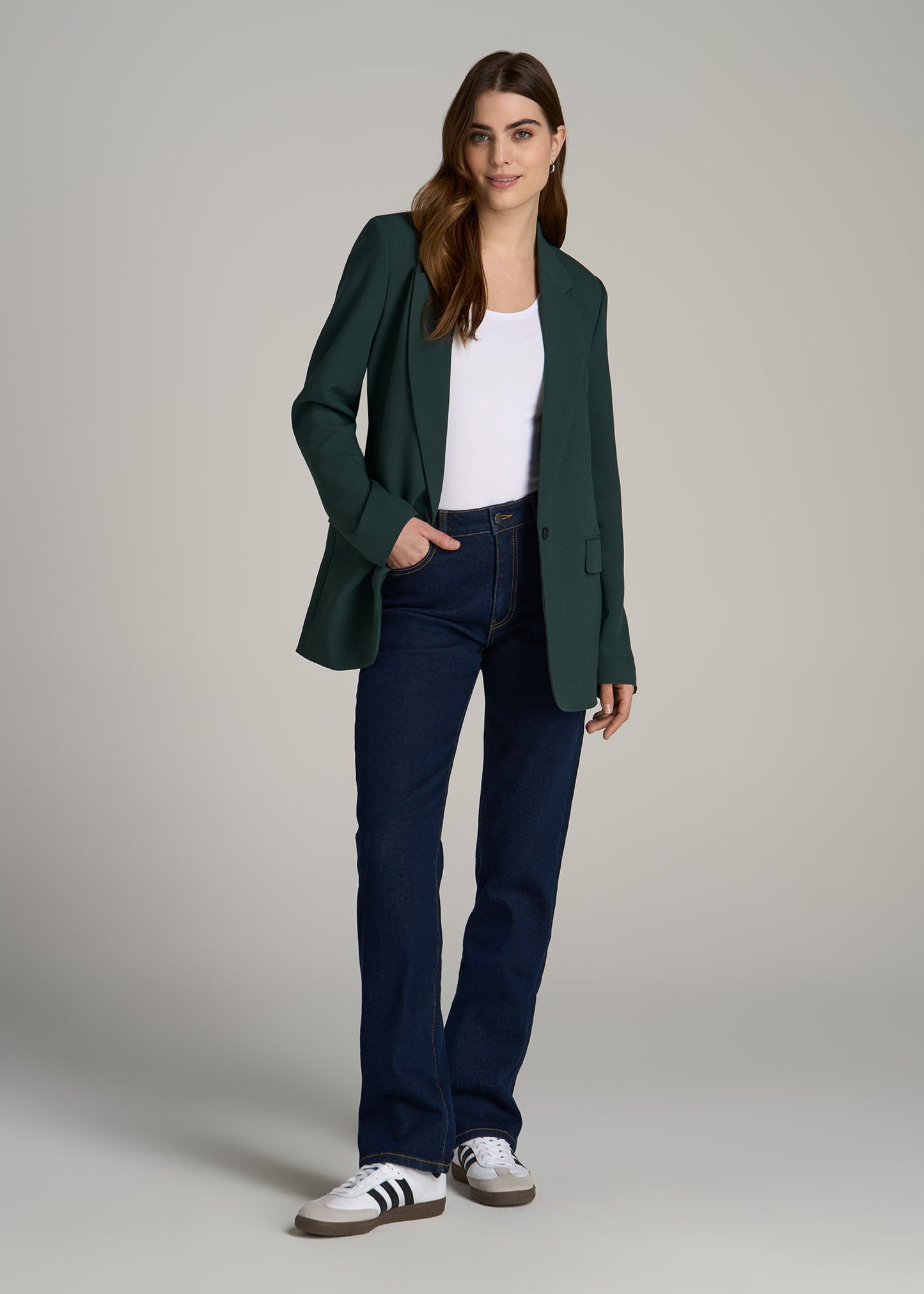 Boyfriend-Fit Single Button Blazer for Tall Women in Smoky Pine