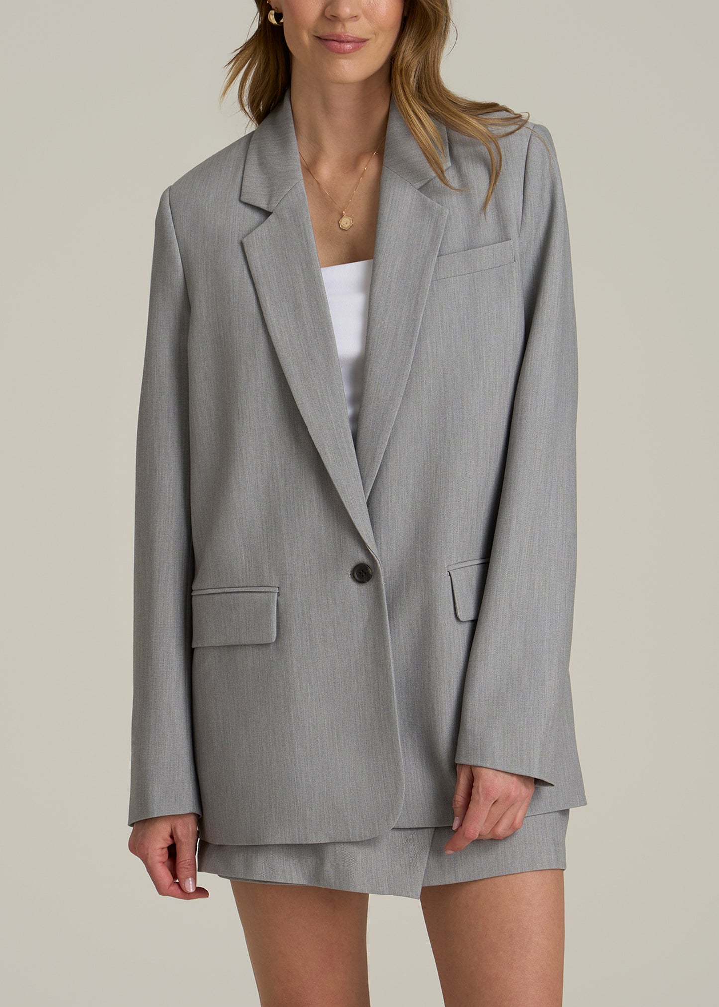 Boyfriend Fit Single-Button Blazer for Tall Women in Ash Grey Mix