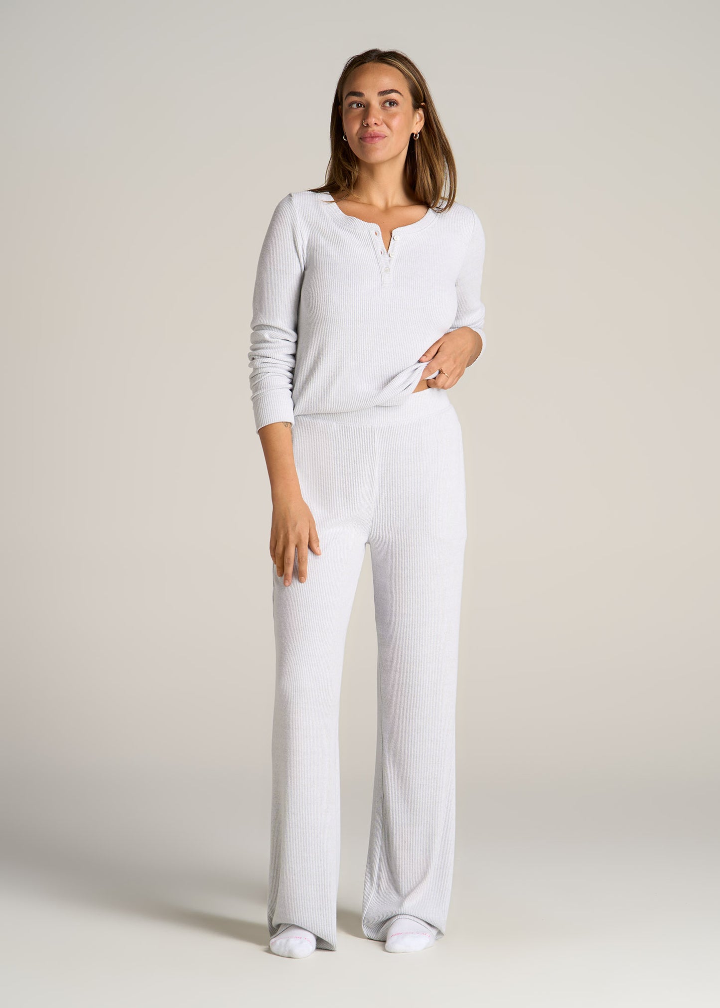 American-Tall-Women-Ribbed-Flare-Lounge-Pants-Fog-Grey-Mix-full