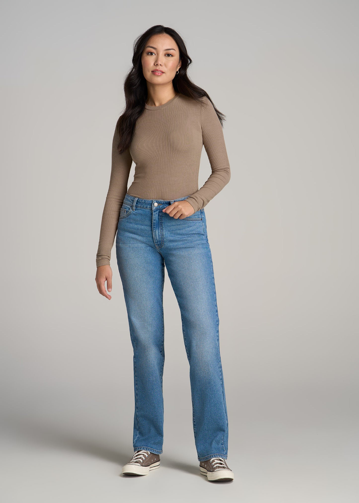 FITTED Ribbed Long Sleeve Tee in Latte - Tall Women's Shirts