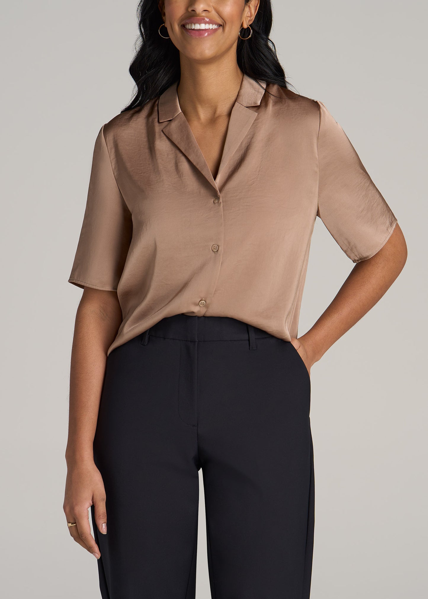 Notch Collar Satin Blouse for Tall Women in Golden Sand