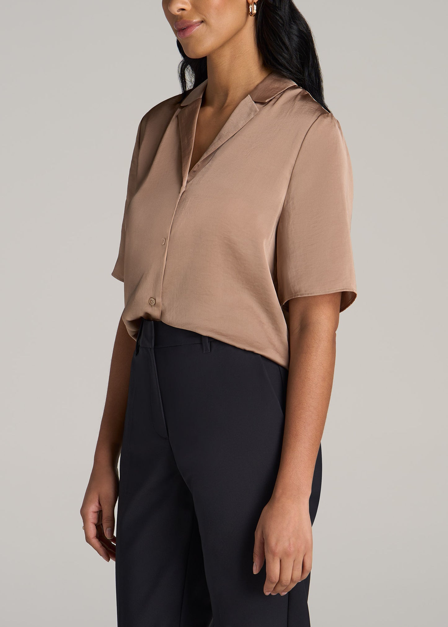 Notch Collar Satin Blouse for Tall Women in Golden Sand