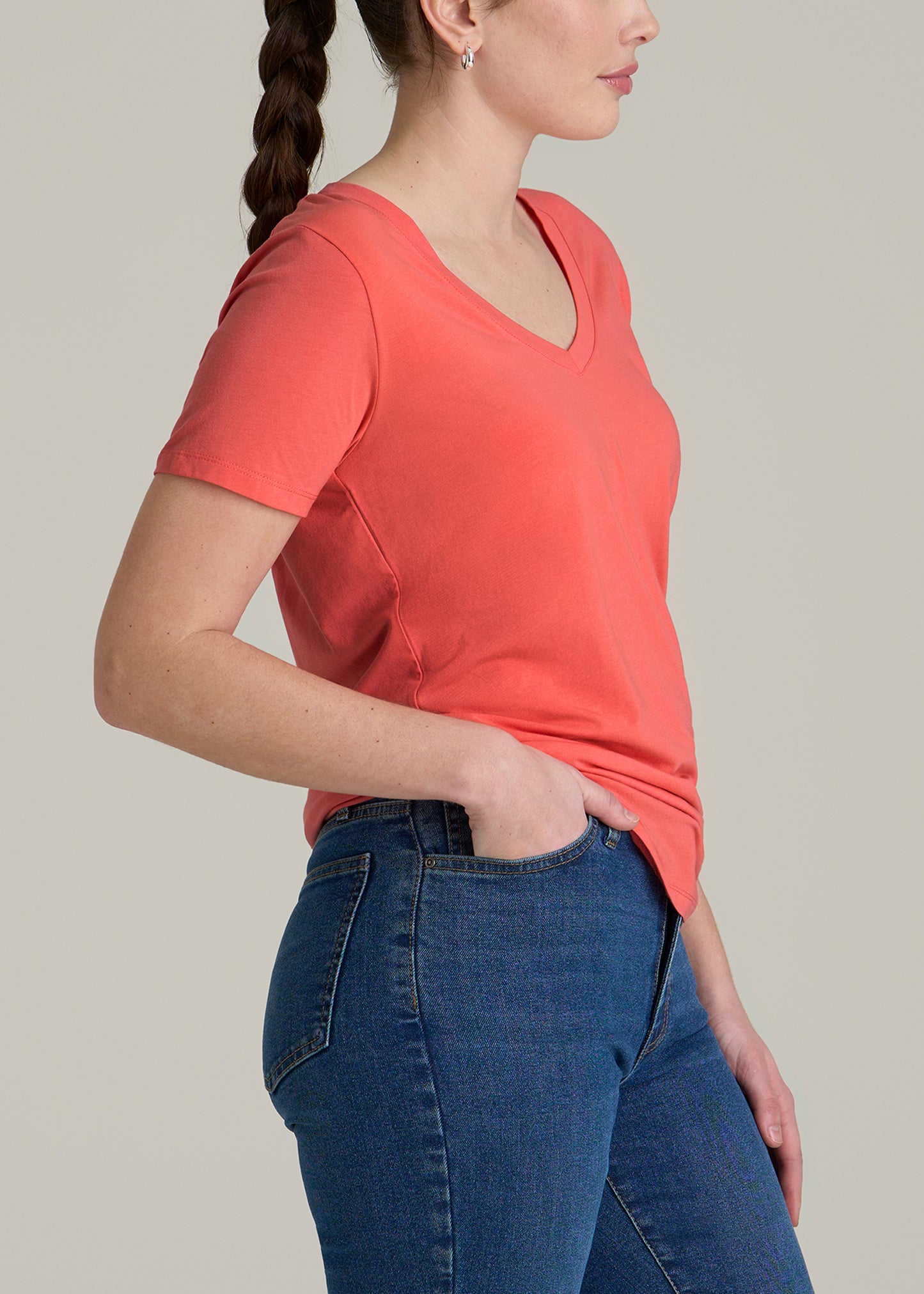 Women's Tall Scoop V-Neck Tee in Sunset Coral