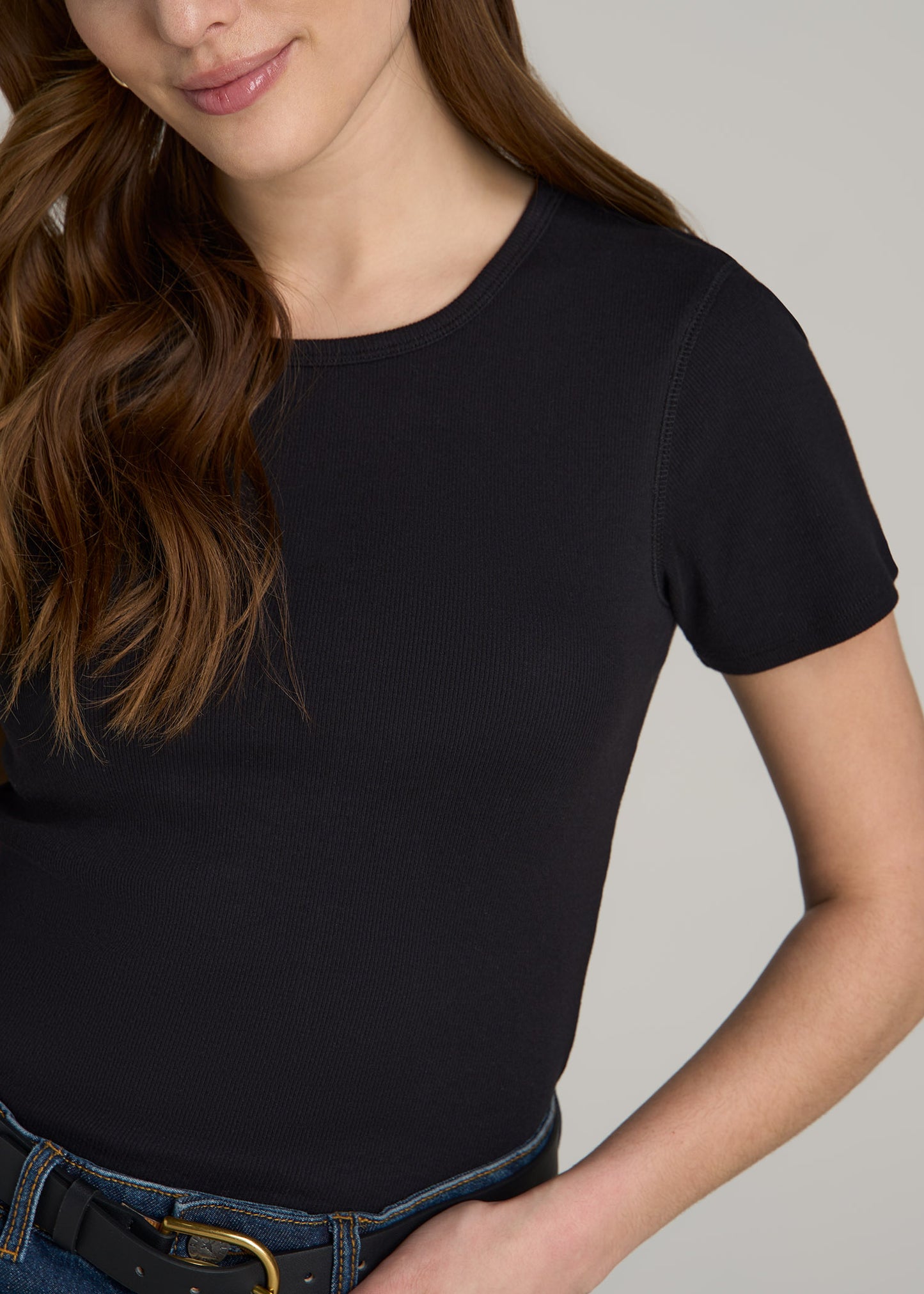 Short Sleeve Crew Neck Ribbed T-Shirt for Tall Women in Black