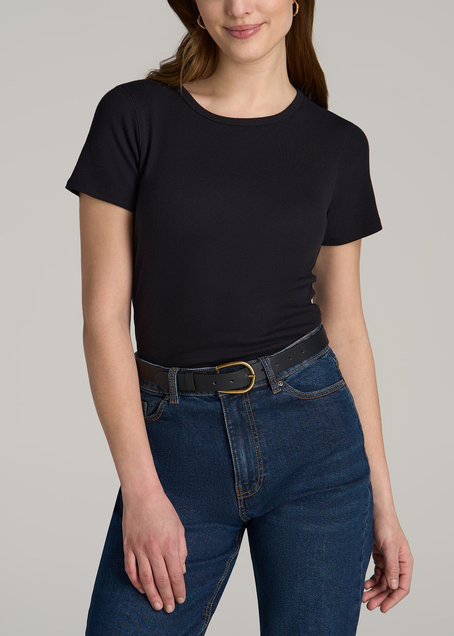 Short Sleeve Crew Neck Ribbed T-Shirt for Tall Women in Black