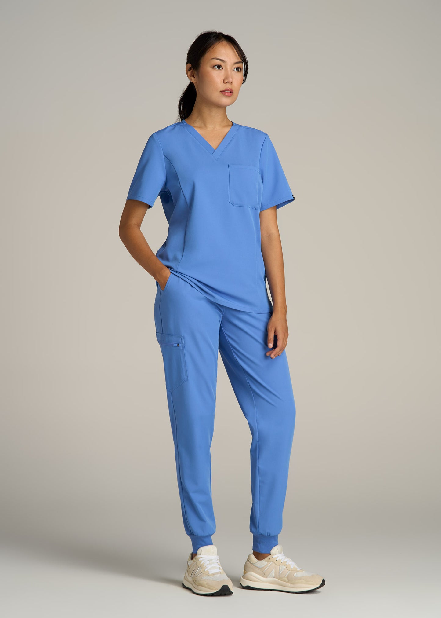 Short Sleeve V-Neck Scrub Top for Tall Women in Deep Sky Blue