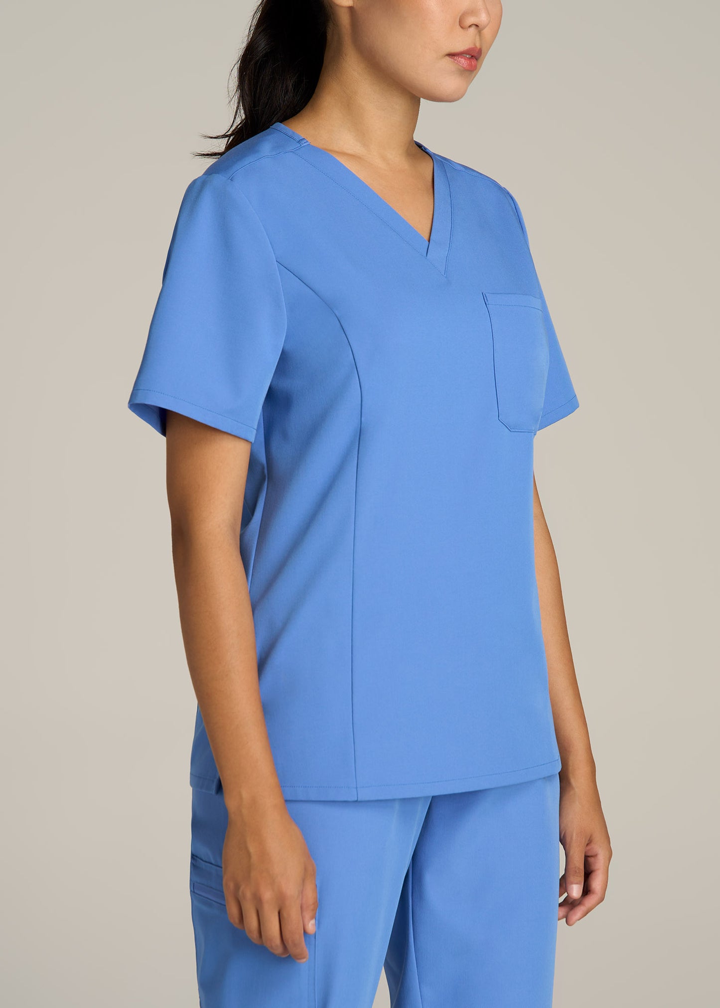 Short Sleeve V-Neck Scrub Top for Tall Women in Deep Sky Blue