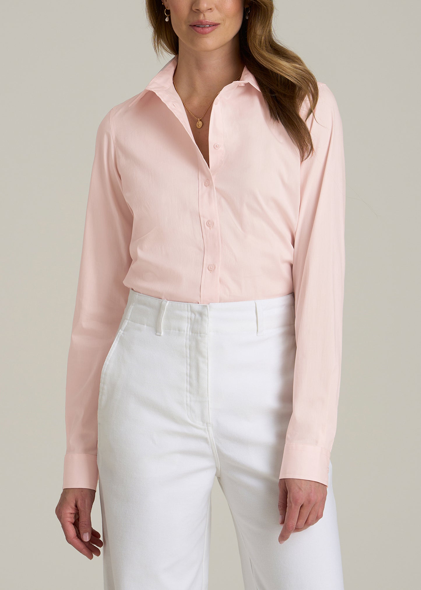 Slim Fit Button Up Women's Tall Shirt in Barely Pink