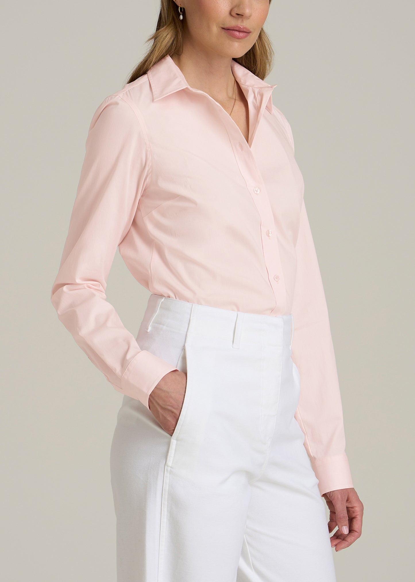 Slim Fit Button Up Women's Tall Shirt in Barely Pink