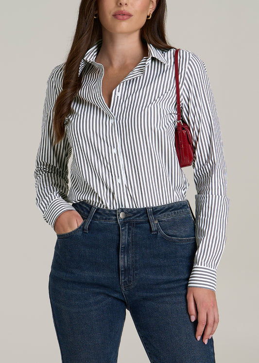 Slim Fit Button Up Women's Tall Shirt in Grey and White Stripe