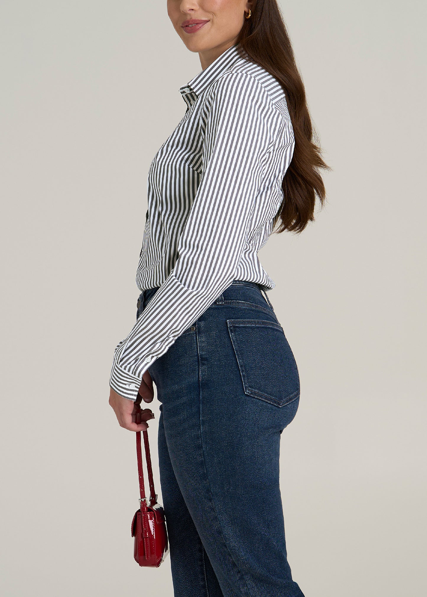 Slim Fit Button Up Women's Tall Shirt in Grey and White Stripe