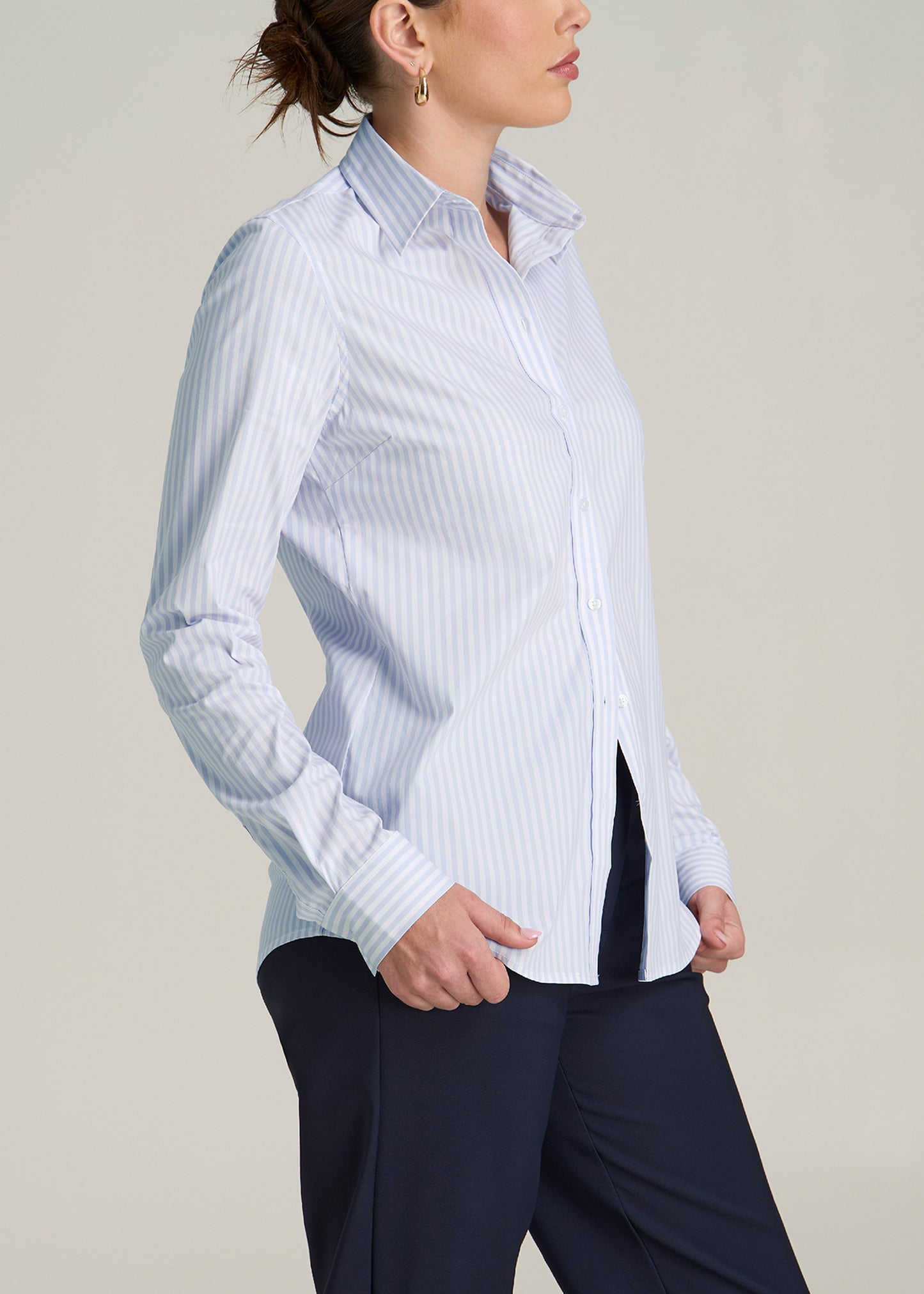 Slim Fit Button Up Women's Tall Shirt in Light Blue Stripe