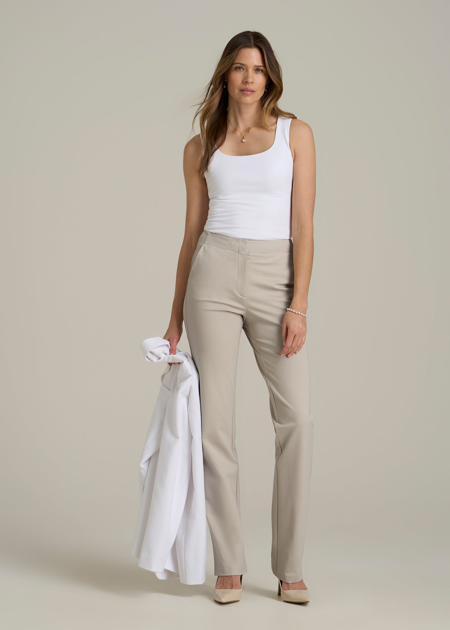 Slim Straight Leg Dress Pants for Tall Women in Stone