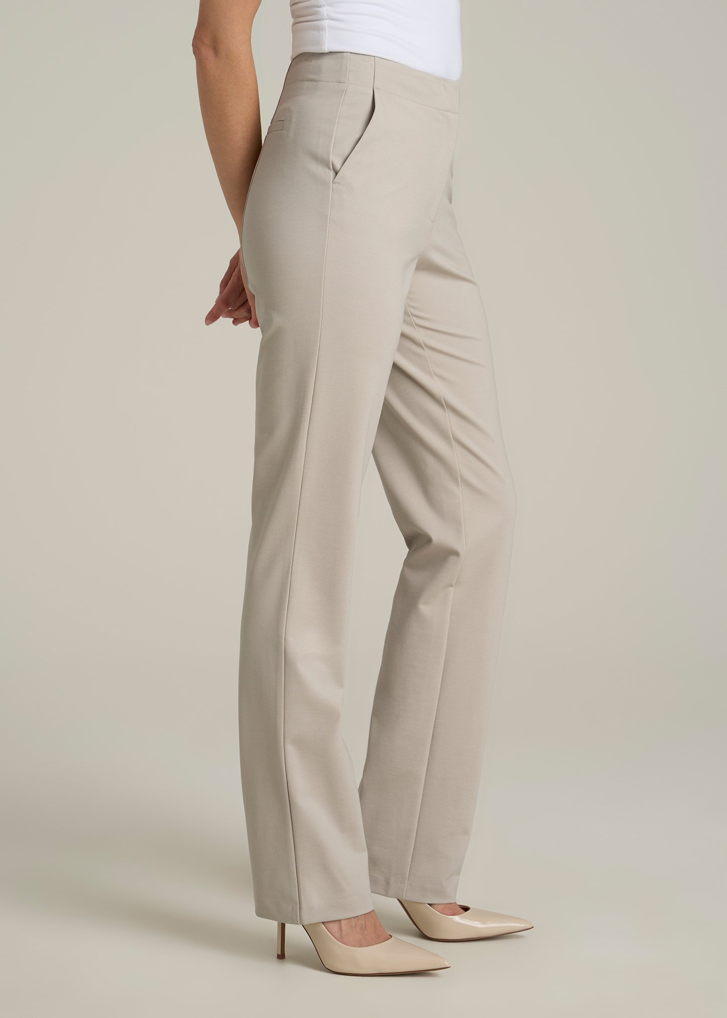 Slim Straight Leg Dress Pants for Tall Women in Stone