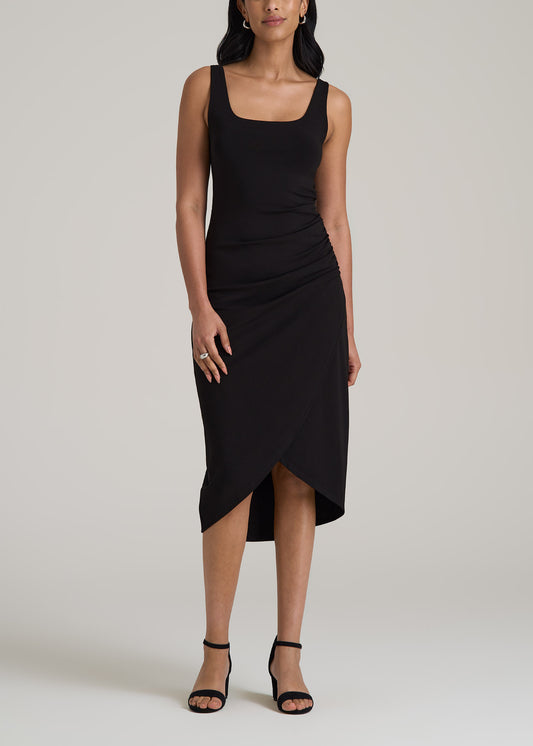 Squareneck Ruched Jersey Dress for Tall Women in Black