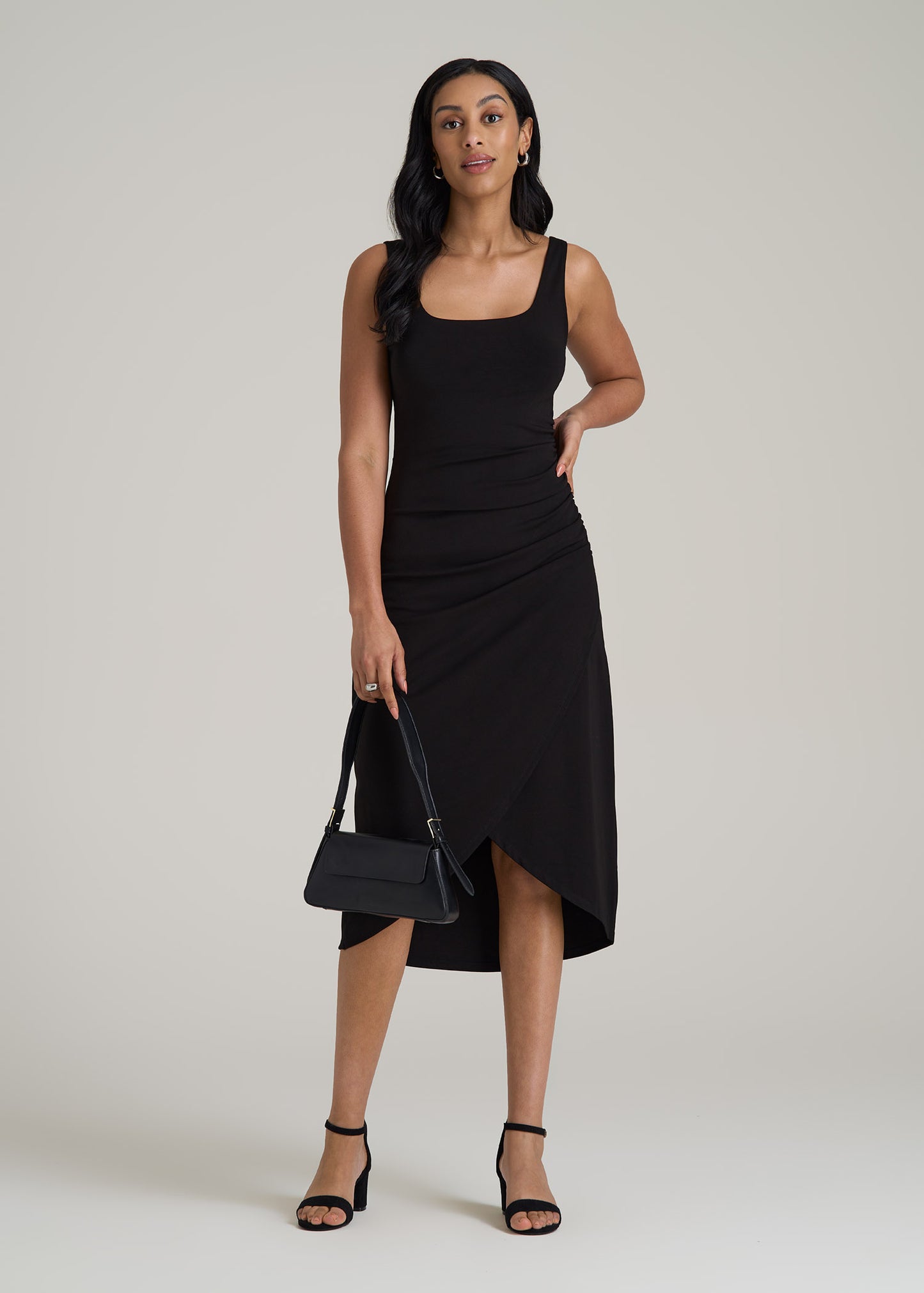 Squareneck Ruched Jersey Dress for Tall Women in Black