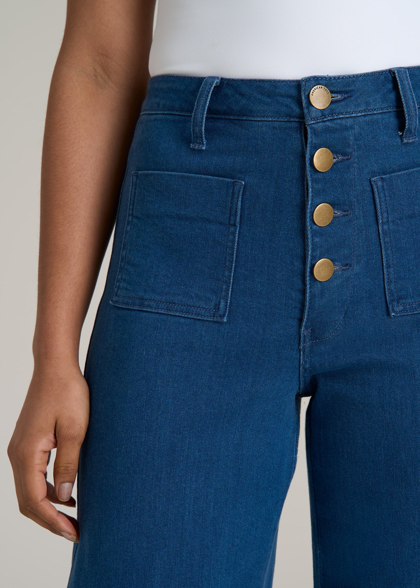 Stevie Wide Leg Patch Pocket Jeans for Tall Women in 70's Blues