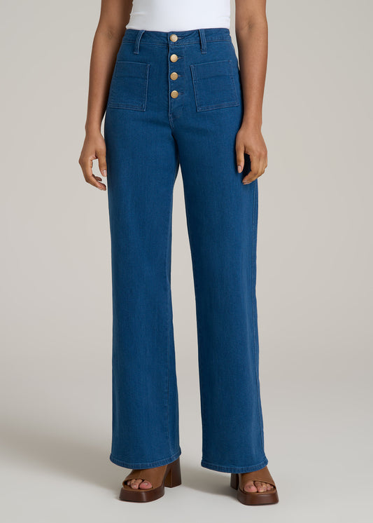 Stevie Wide Leg Patch Pocket Jeans for Tall Women in 70's Blues