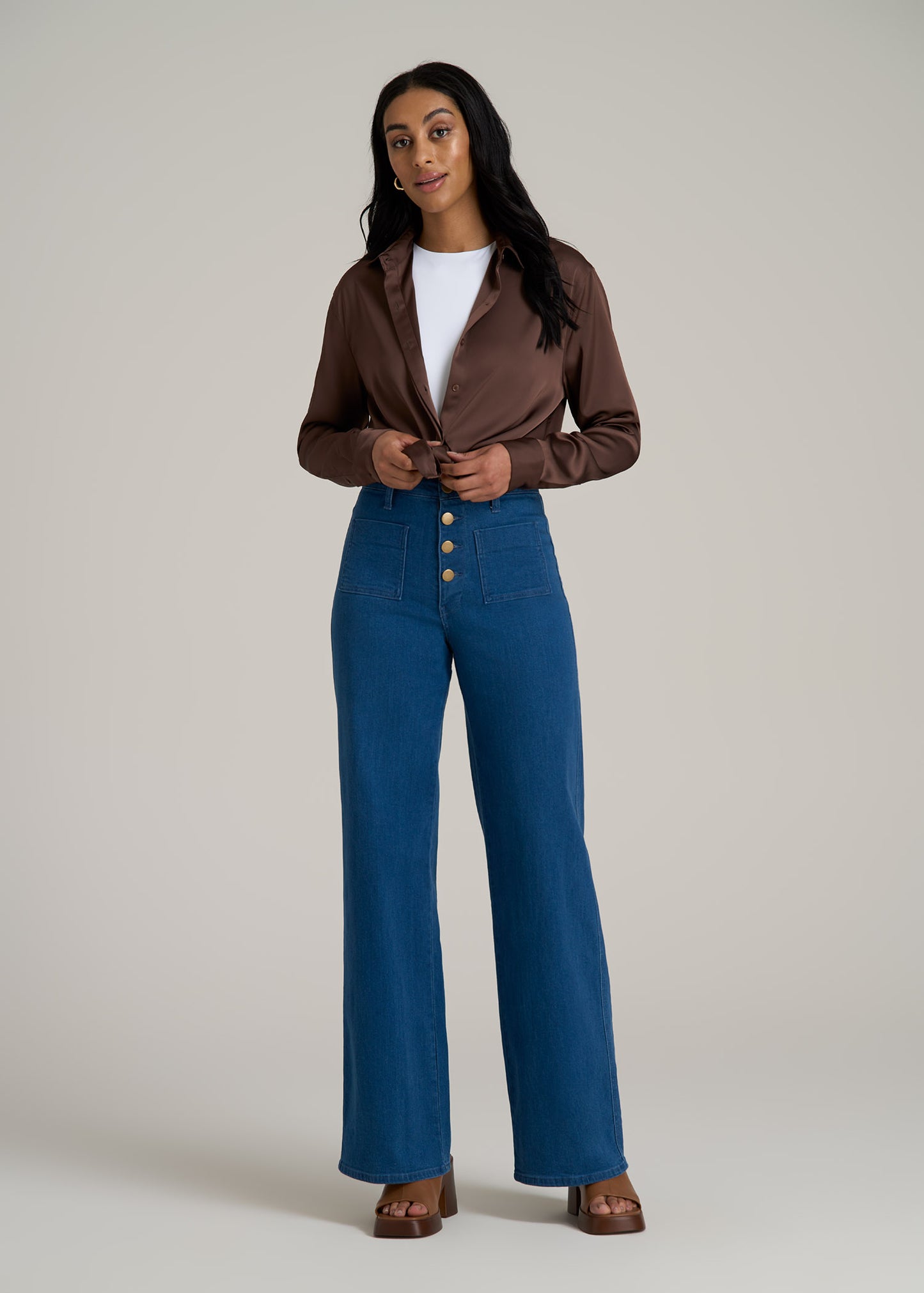 Stevie Wide Leg Patch Pocket Jeans for Tall Women in 70's Blues