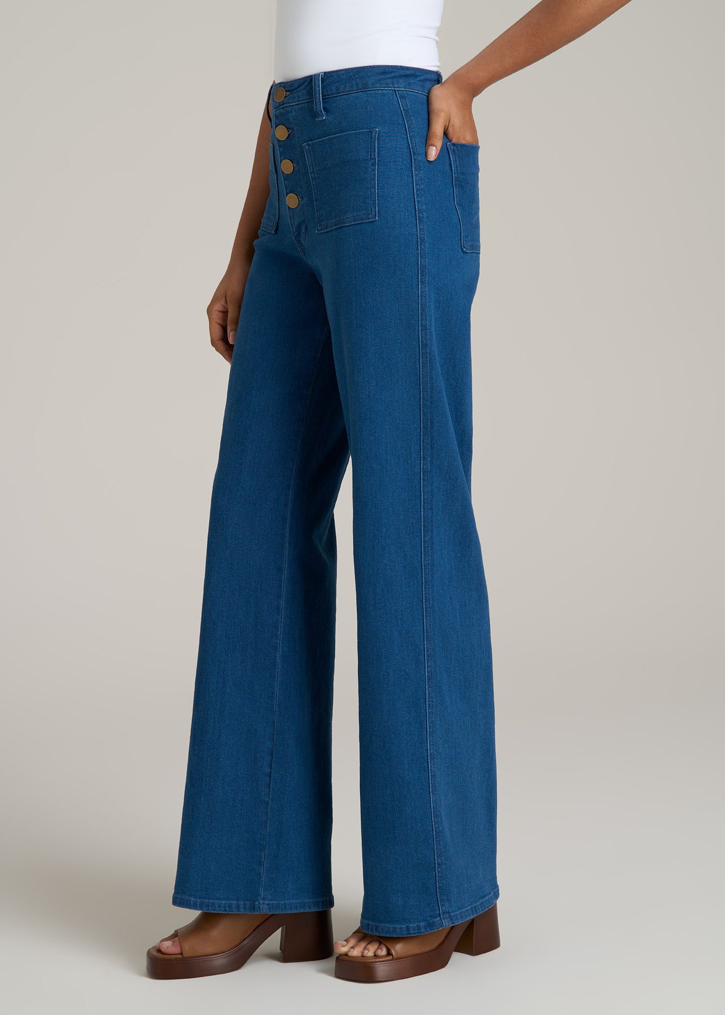 Stevie Wide Leg Patch Pocket Jeans for Tall Women in 70's Blues