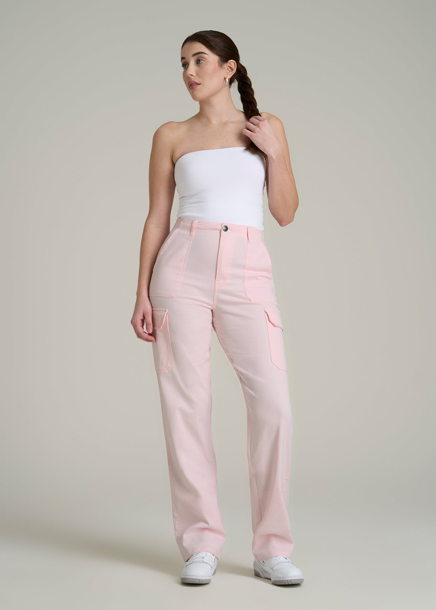 Straight Leg Cargo Chino Pants for Tall Women in Barely Pink