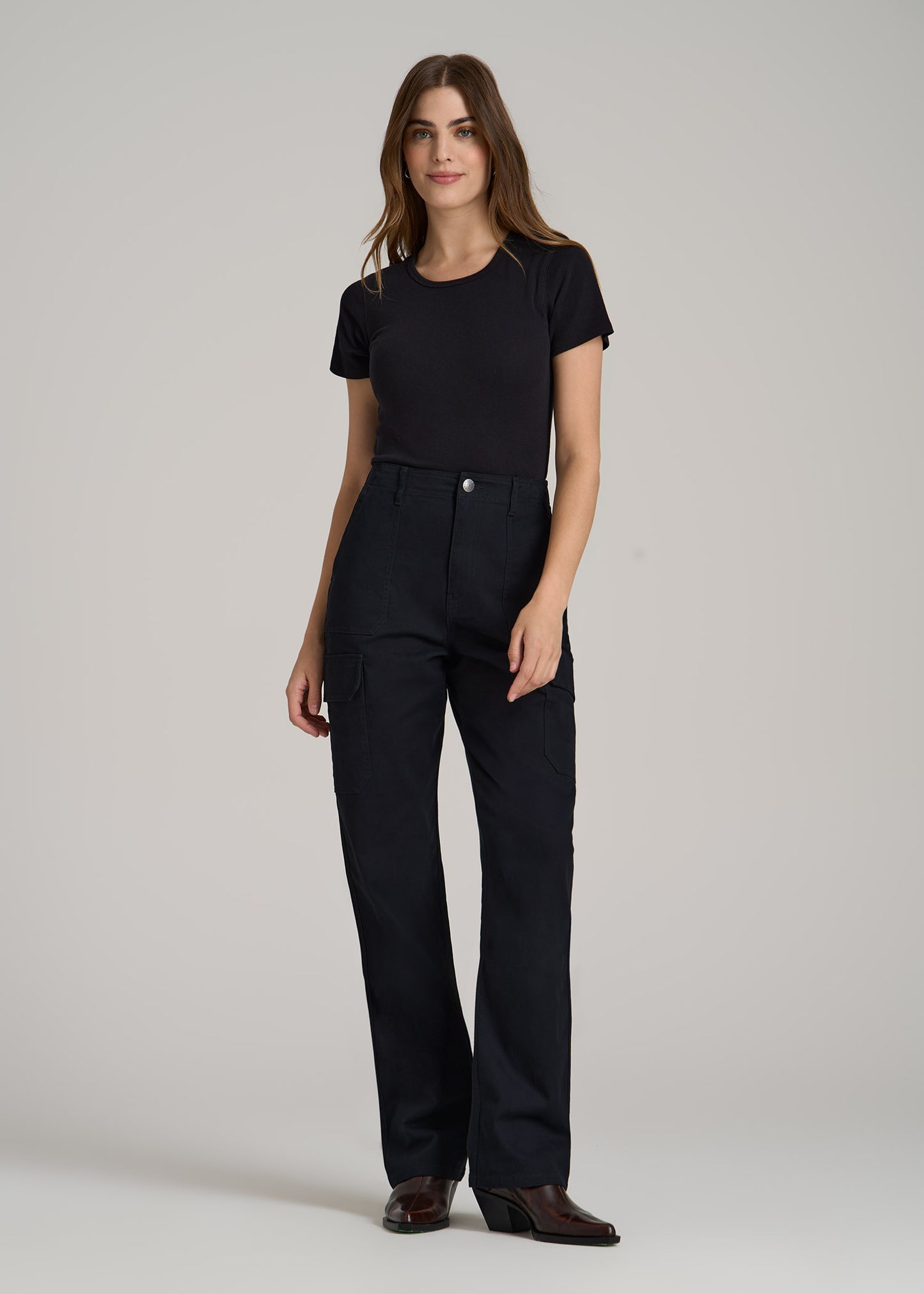 Straight Leg Cargo Chino Pants for Tall Women in Black