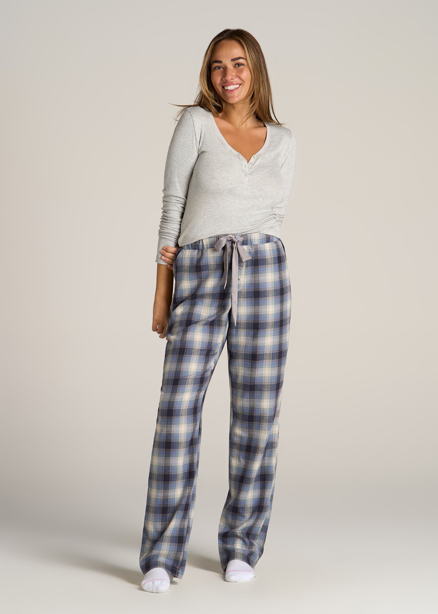 American-Tall-Women-Tie-Waist-Open-Bottom-Flannel-PJ-Pants-Blue-Grey-Weave-full