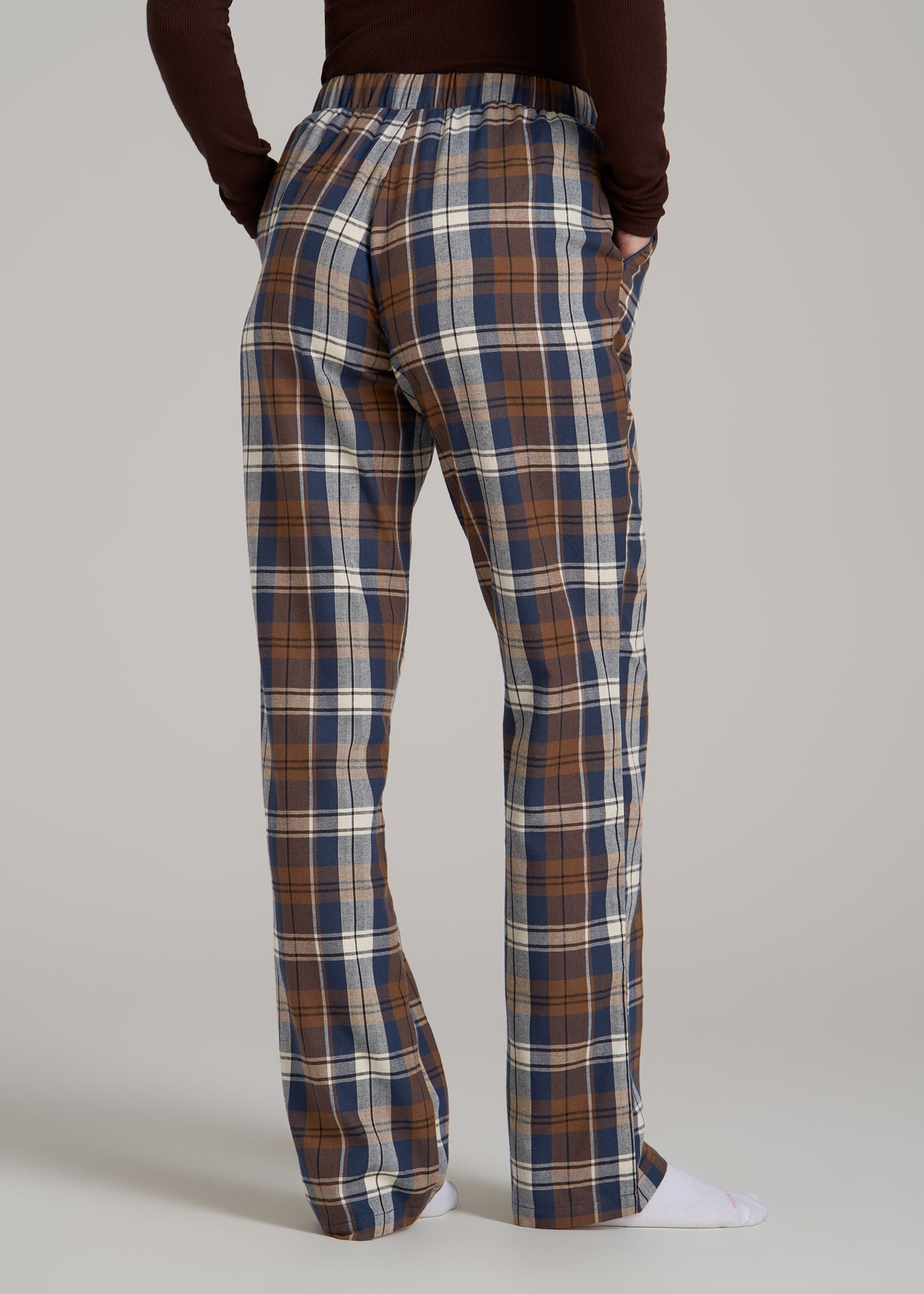 Open-Bottom Flannel Women's Tall Pajama Pants in Brown Blue Plaid